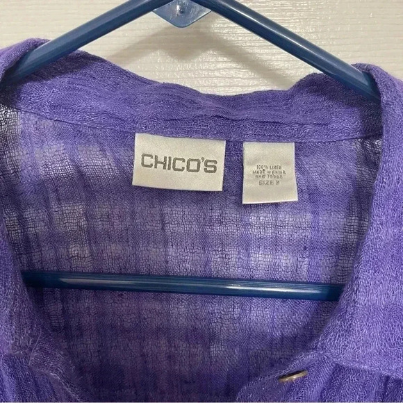 Beautiful Chico’s Sheer Purple Blouse Button Down Three-Quarter Length Sleeves - Picture 4 of 13
